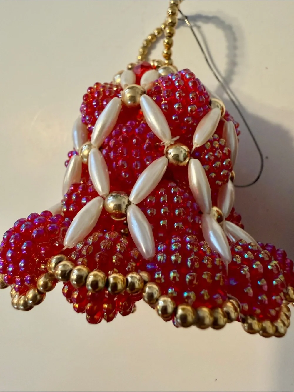 Vintage Christmas Beaded Velvet Bell Bauble Ornaments Small Red Set Of 2 Hanging